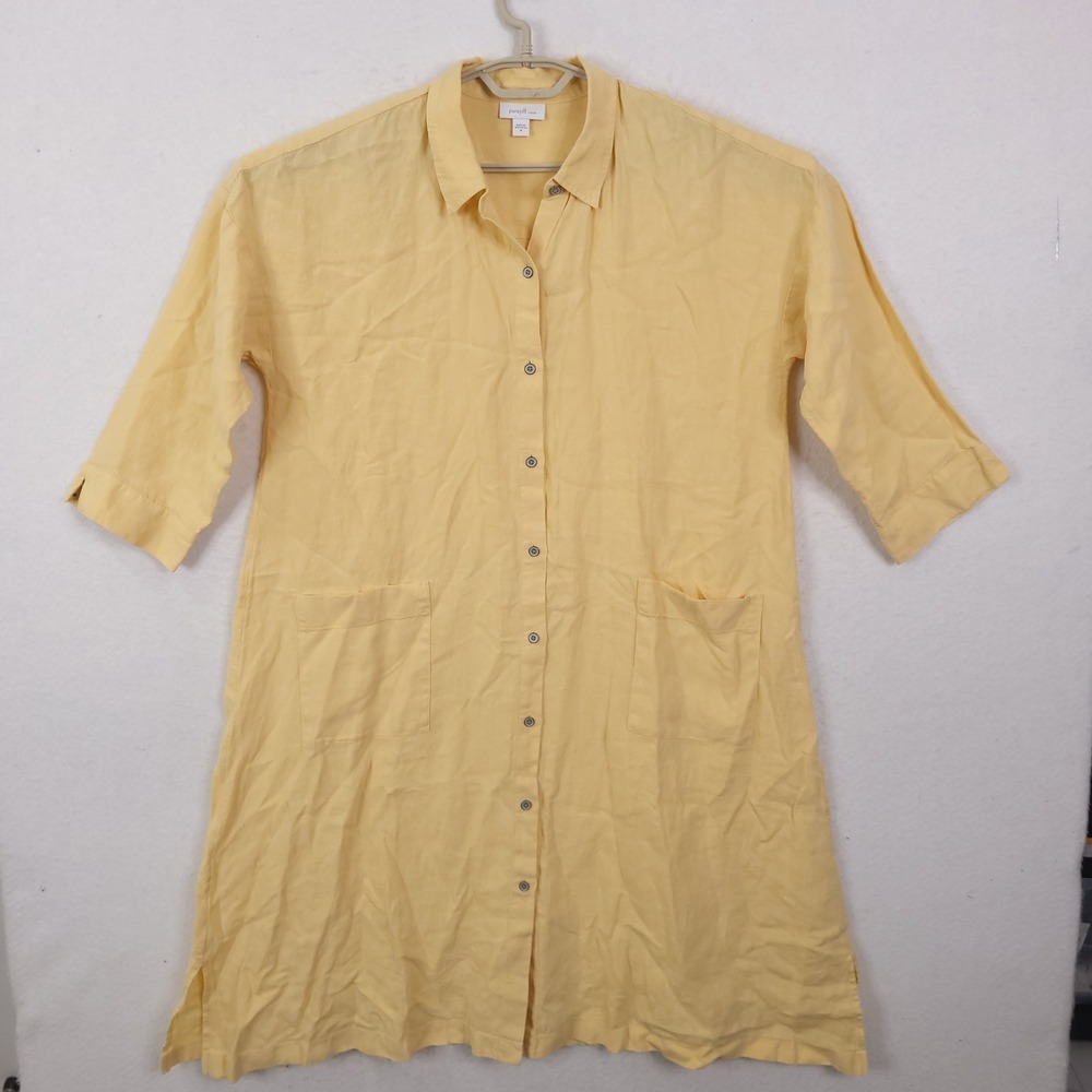Pure Jill Linen Shirt Dress Womens M Yellow Button Front Pocket Tunic Lagenlook